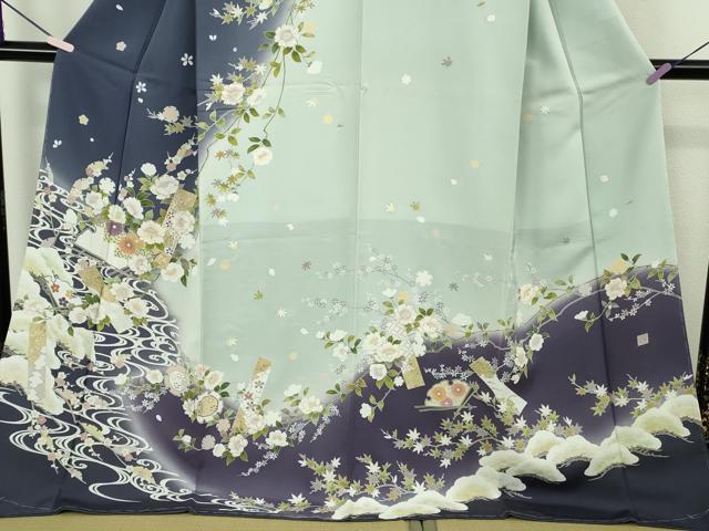 平和屋本店●極上 訪問着 作家物 駒刺繍 流水花松文 暈し染め 金彩 反端付き 逸品 未使用 DZAC0288kh6