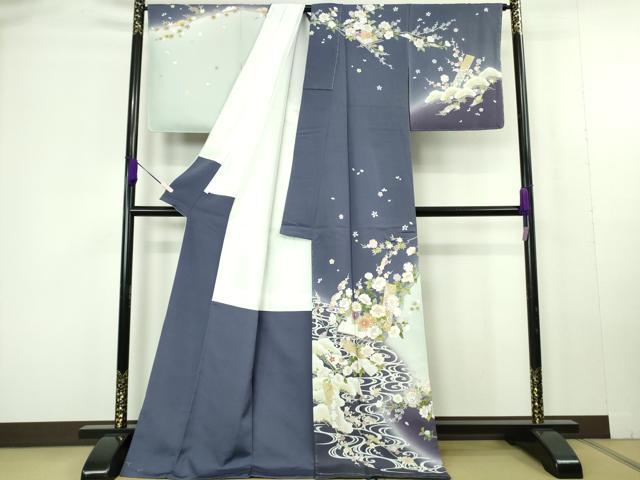 平和屋本店●極上 訪問着 作家物 駒刺繍 流水花松文 暈し染め 金彩 反端付き 逸品 未使用 DZAC0288kh6