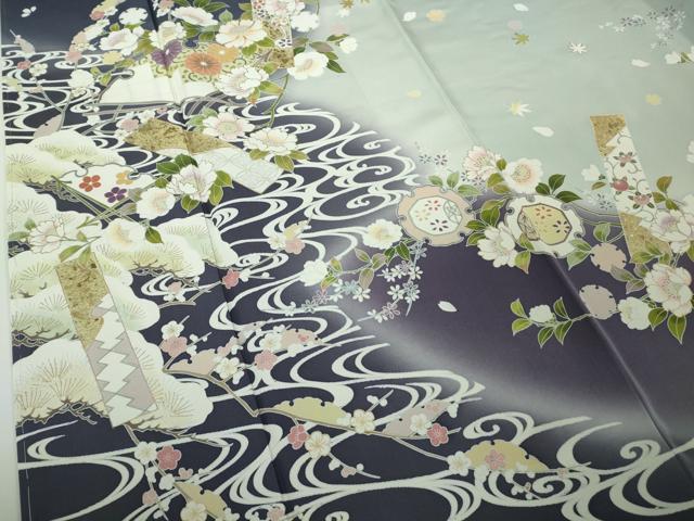 平和屋本店●極上 訪問着 作家物 駒刺繍 流水花松文 暈し染め 金彩 反端付き 逸品 未使用 DZAC0288kh6