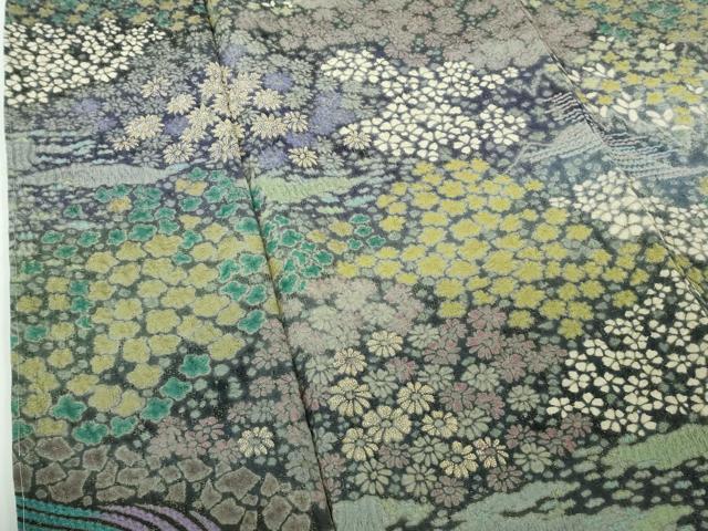 平和屋本店●極上 十日町 名門 滝泰謹製 相良刺繍 おぼろ染 襲ね絞り 訪問着 風景花文 暈し染め 金通し地 逸品 未使用 DZAC0305kh6