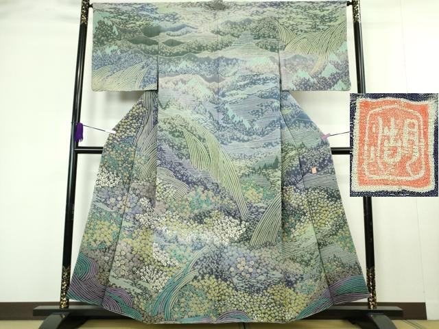 平和屋本店●極上 十日町 名門 滝泰謹製 相良刺繍 おぼろ染 襲ね絞り 訪問着 風景花文 暈し染め 金通し地 逸品 未使用 DZAC0305kh6