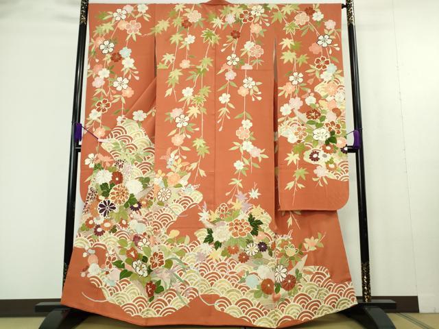 平和屋本店●極上 創業460年・千總 振袖 駒刺繍 枝垂れ花 青海波 花舟 雀茶色地 金彩 逸品 DZAC0307kh6