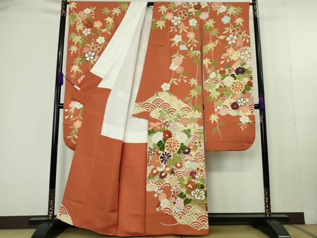 平和屋本店●極上 創業460年・千總 振袖 駒刺繍 枝垂れ花 青海波 花舟 雀茶色地 金彩 逸品 DZAC0307kh6