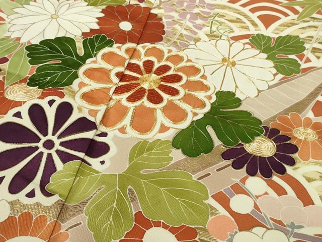 平和屋本店●極上 創業460年・千總 振袖 駒刺繍 枝垂れ花 青海波 花舟 雀茶色地 金彩 逸品 DZAC0307kh6