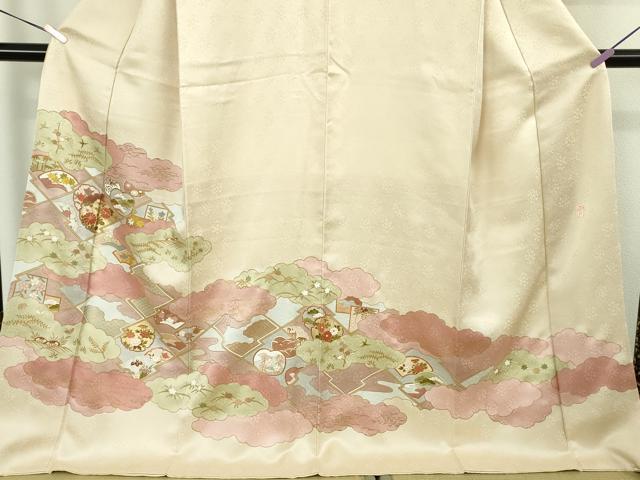 平和屋本店●極上 皇室献上作家 藤井寛 訪問着 駒刺繍 雲取り吉祥花文 鳥の子色地 金彩 ロング丈 逸品 DZAC0327kh6