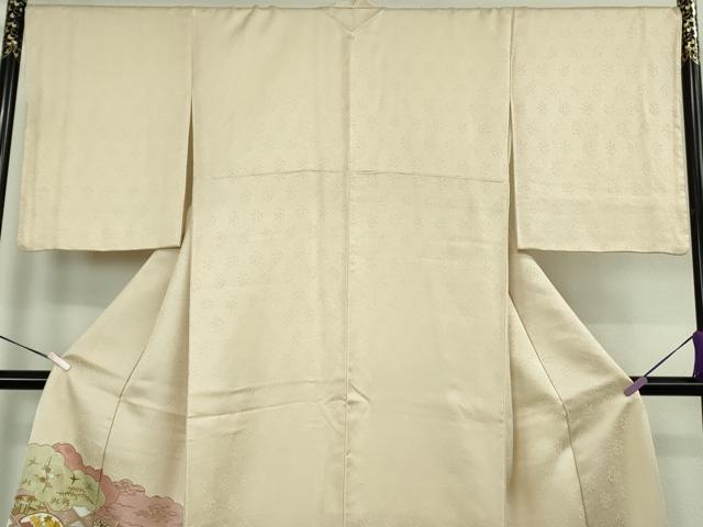 平和屋本店●極上 皇室献上作家 藤井寛 訪問着 駒刺繍 雲取り吉祥花文 鳥の子色地 金彩 ロング丈 逸品 DZAC0327kh6