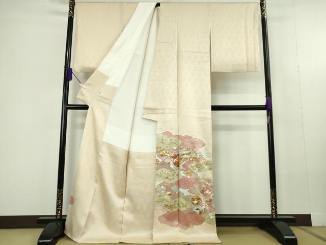 平和屋本店●極上 皇室献上作家 藤井寛 訪問着 駒刺繍 雲取り吉祥花文 鳥の子色地 金彩 ロング丈 逸品 DZAC0327kh6