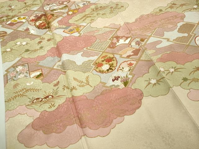 平和屋本店●極上 皇室献上作家 藤井寛 訪問着 駒刺繍 雲取り吉祥花文 鳥の子色地 金彩 ロング丈 逸品 DZAC0327kh6