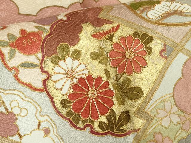 平和屋本店●極上 皇室献上作家 藤井寛 訪問着 駒刺繍 雲取り吉祥花文 鳥の子色地 金彩 ロング丈 逸品 DZAC0327kh6