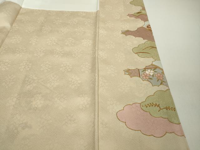 平和屋本店●極上 皇室献上作家 藤井寛 訪問着 駒刺繍 雲取り吉祥花文 鳥の子色地 金彩 ロング丈 逸品 DZAC0327kh6