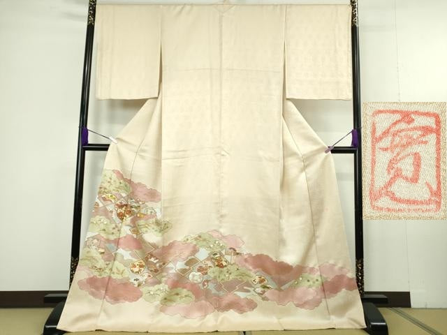 平和屋本店●極上 皇室献上作家 藤井寛 訪問着 駒刺繍 雲取り吉祥花文 鳥の子色地 金彩 ロング丈 逸品 DZAC0327kh6