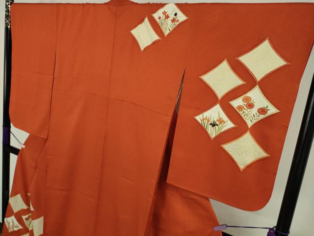 平和屋本店●極上 銀座 志ま亀 訪問着 駒刺繍 草花菱文 丹色地 金彩 たとう紙付き 逸品 DZAC0329kh6