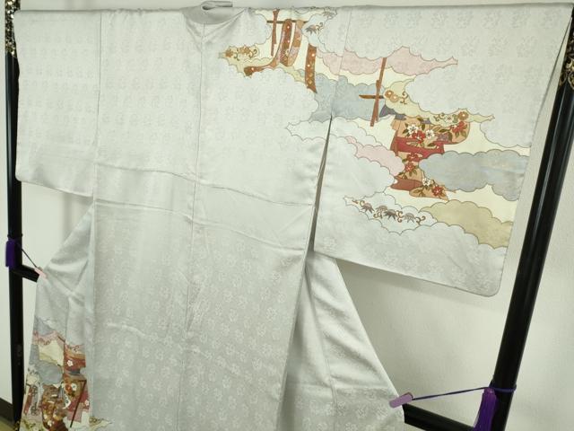 平和屋本店●極上 皇室献上作家 藤井寛 訪問着 駒刺繍 雲取り 誰が袖文 白花色地 金彩 反端付き 逸品 DZAC0334kh6