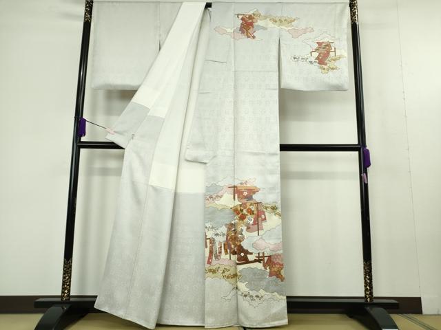 平和屋本店●極上 皇室献上作家 藤井寛 訪問着 駒刺繍 雲取り 誰が袖文 白花色地 金彩 反端付き 逸品 DZAC0334kh6