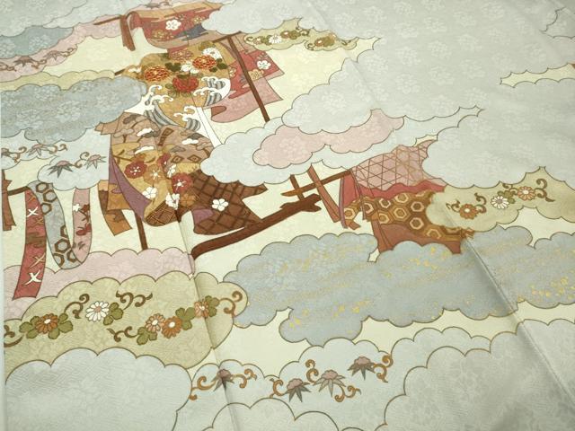 平和屋本店●極上 皇室献上作家 藤井寛 訪問着 駒刺繍 雲取り 誰が袖文 白花色地 金彩 反端付き 逸品 DZAC0334kh6