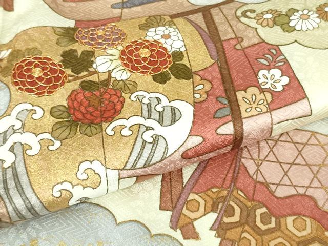 平和屋本店●極上 皇室献上作家 藤井寛 訪問着 駒刺繍 雲取り 誰が袖文 白花色地 金彩 反端付き 逸品 DZAC0334kh6
