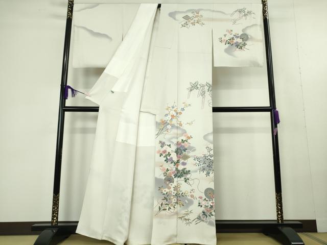 平和屋本店●極上 十日町 加賀草木友禅の第一人者 田村哲彦 訪問着 花束 葵 菊 藤 灰白色地 暈し染め 逸品 DZAC0340kh6