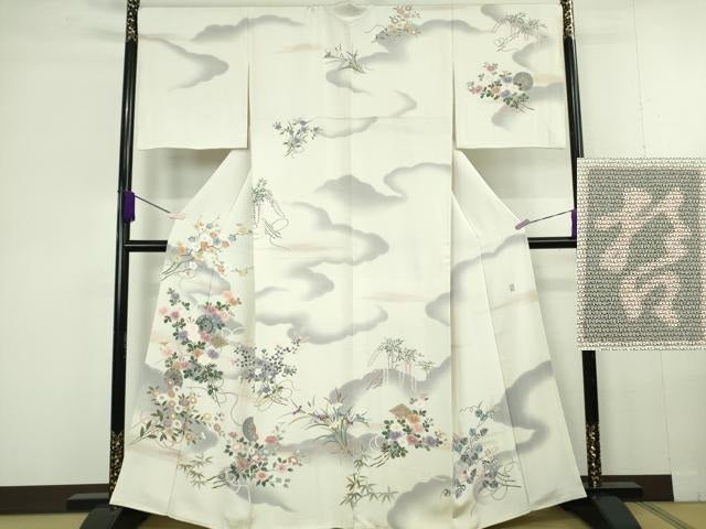平和屋本店●極上 十日町 加賀草木友禅の第一人者 田村哲彦 訪問着 花束 葵 菊 藤 灰白色地 暈し染め 逸品 DZAC0340kh6