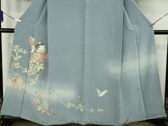平和屋本店●極上 二代目・由水十久 本加賀友禅 訪問着 童子 青い鳥 南天 ピジョンブルー色地 大丸扱い 反端付き 逸品 DZAC0341kh6