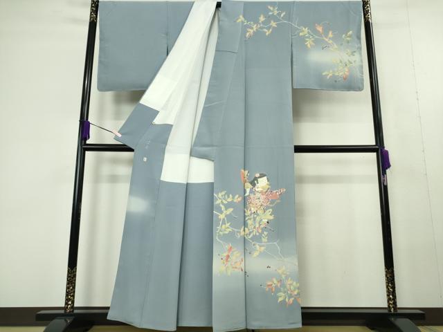 平和屋本店●極上 二代目・由水十久 本加賀友禅 訪問着 童子 青い鳥 南天 ピジョンブルー色地 大丸扱い 反端付き 逸品 DZAC0341kh6