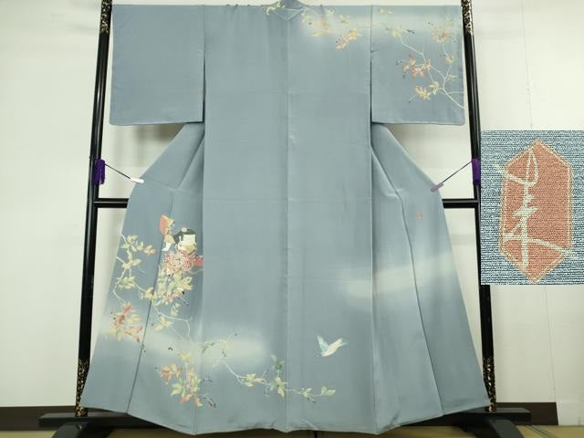 平和屋本店●極上 二代目・由水十久 本加賀友禅 訪問着 童子 青い鳥 南天 ピジョンブルー色地 大丸扱い 反端付き 逸品 DZAC0341kh6