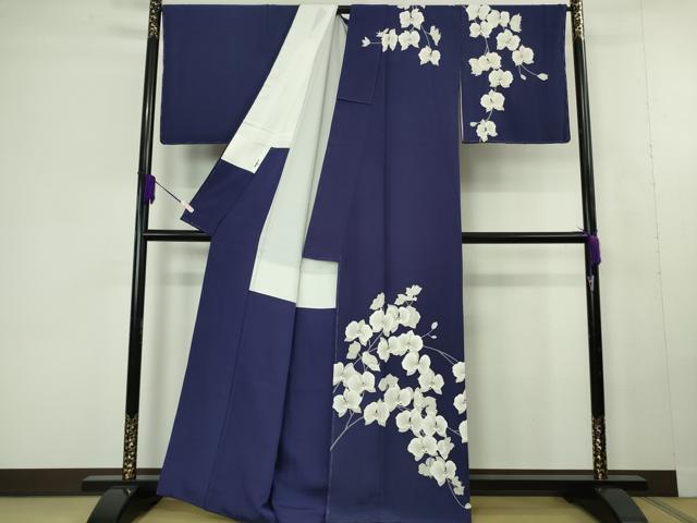 平和屋本店●極上 染色作家 寺島利男 訪問着 胡蝶蘭 鉄紺色地 逸品 未使用 DZAC0344kh6