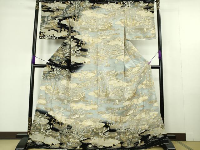 平和屋本店●極上 中国三大刺繍 スワトウ刺繍 汕頭刺繍 総刺繍 訪問着 港城下町人物風景 鬼しぼ縮緬 暈し染め 金糸 逸品 未使用DZAC0350kh6
