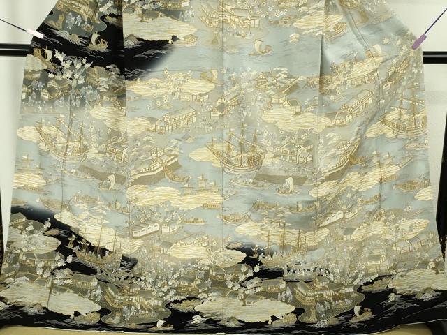 平和屋本店●極上 中国三大刺繍 スワトウ刺繍 汕頭刺繍 総刺繍 訪問着 港城下町人物風景 鬼しぼ縮緬 暈し染め 金糸 逸品 未使用DZAC0350kh6