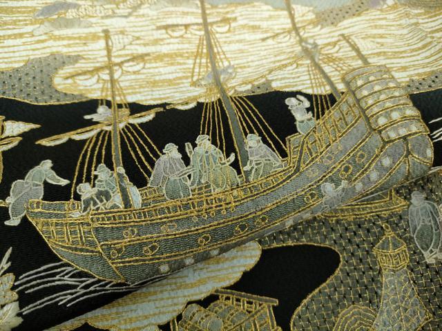 平和屋本店●極上 中国三大刺繍 スワトウ刺繍 汕頭刺繍 総刺繍 訪問着 港城下町人物風景 鬼しぼ縮緬 暈し染め 金糸 逸品 未使用DZAC0350kh6