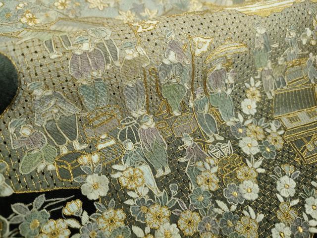 平和屋本店●極上 中国三大刺繍 スワトウ刺繍 汕頭刺繍 総刺繍 訪問着 港城下町人物風景 鬼しぼ縮緬 暈し染め 金糸 逸品 未使用DZAC0350kh6