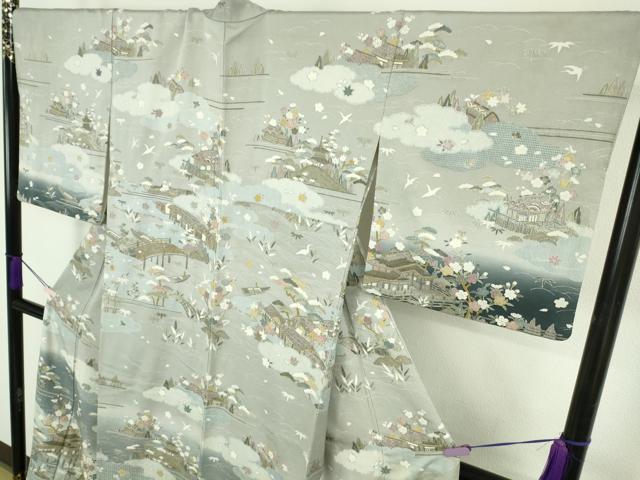 平和屋本店●極上 中国三大刺繍 スワトウ刺繍 汕頭刺繍 相良刺繍 訪問着 友禅 飛鳥風景 暈し染め 金糸 縮緬地 逸品 DZAC0351kh6
