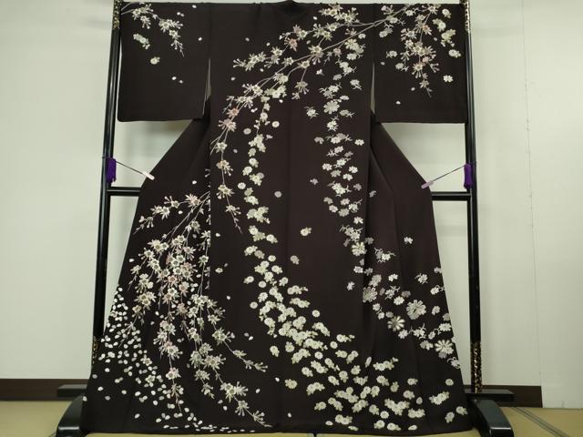 平和屋本店●極上 中国三大刺繍 相良刺繍 総刺繍 訪問着 舞桜 菊 紫黒色地 金糸 ロング丈 逸品 DZAC0353kh6