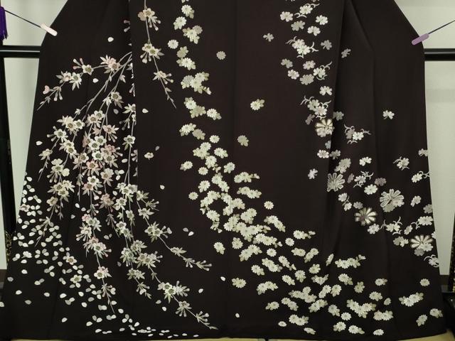 平和屋本店●極上 中国三大刺繍 相良刺繍 総刺繍 訪問着 舞桜 菊 紫黒色地 金糸 ロング丈 逸品 DZAC0353kh6