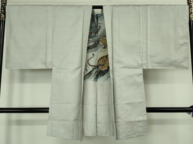 平和屋本店●極上 男性 お召 アンサンブル 白お召 100亀甲 総詰め 長羽織 羽裏・龍虎 逸品 DZAC0362kh6