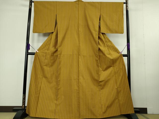 平和屋本店▽極上 山下八百子 本場黄八丈 紬 市松綾織 単衣 縞 逸品 DZAC0368kh6