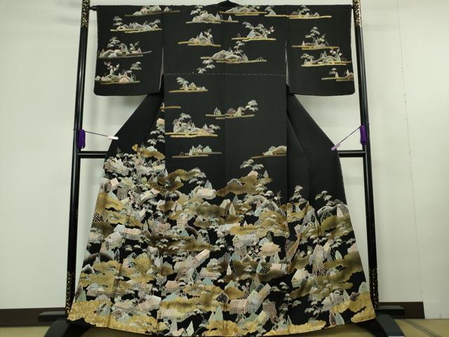 平和屋本店●極上 中国三大刺繍 相良刺繍 蘇州刺繍 訪問着 御所車 風景文 黒地 金彩 逸品 未使用 DZAC0371kh6
