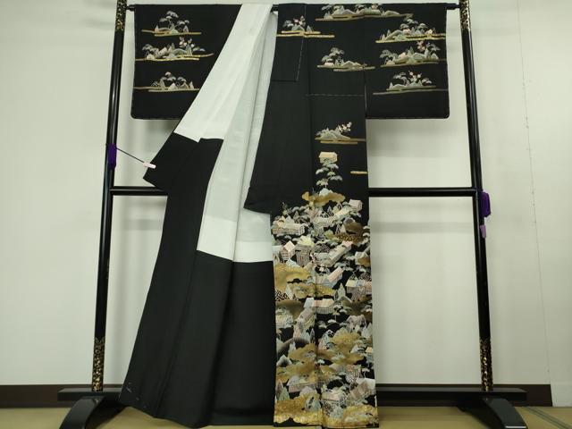 平和屋本店●極上 中国三大刺繍 相良刺繍 蘇州刺繍 訪問着 御所車 風景文 黒地 金彩 逸品 未使用 DZAC0371kh6