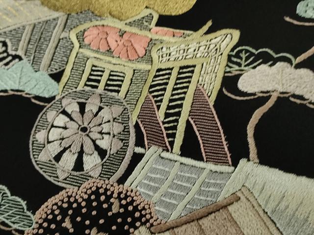 平和屋本店●極上 中国三大刺繍 相良刺繍 蘇州刺繍 訪問着 御所車 風景文 黒地 金彩 逸品 未使用 DZAC0371kh6