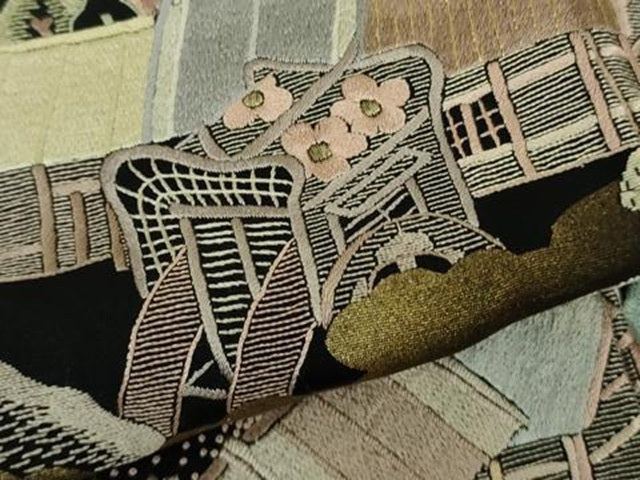 平和屋本店●極上 中国三大刺繍 相良刺繍 蘇州刺繍 訪問着 御所車 風景文 黒地 金彩 逸品 未使用 DZAC0371kh6