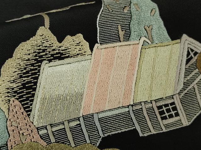 平和屋本店●極上 中国三大刺繍 相良刺繍 蘇州刺繍 訪問着 御所車 風景文 黒地 金彩 逸品 未使用 DZAC0371kh6