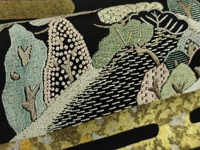 平和屋本店●極上 中国三大刺繍 相良刺繍 蘇州刺繍 訪問着 御所車 風景文 黒地 金彩 逸品 未使用 DZAC0371kh6