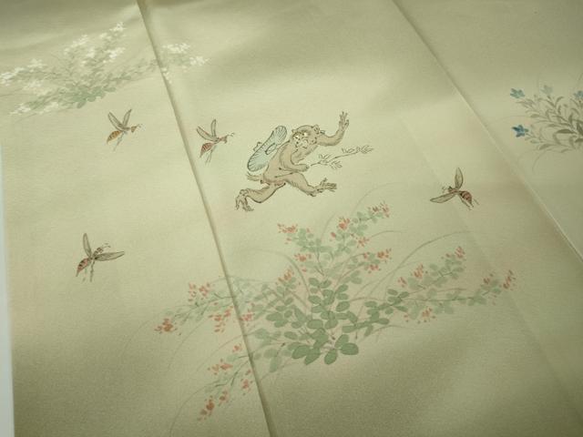 平和屋着物●極上 染色作家 桐山紫香 手描き 訪問着 猿蟹合戦 木蘭色地 暈し染め 逸品 DZAC0372kh6