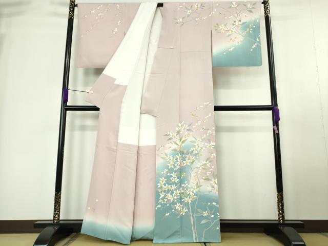 平和屋本店●極上 本加賀友禅作家 藤村建雄 訪問着・長襦袢(無双仕立て)セット 花鳥文 灰桜色地 暈し染め 逸品 DZAC0383kh6