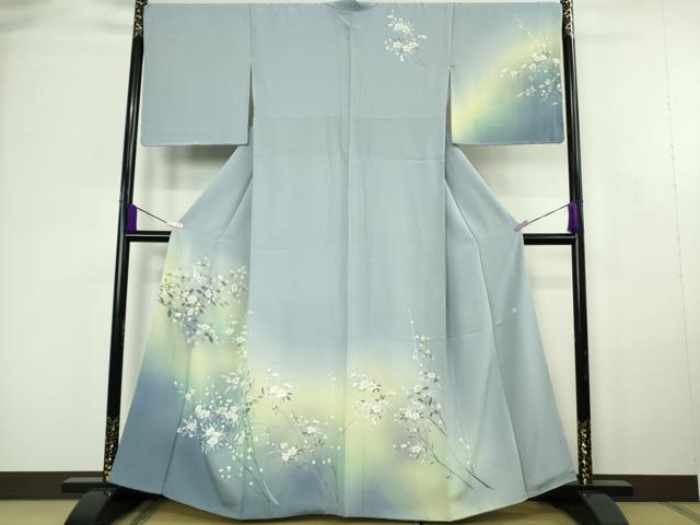 平和屋本店●極上 本加賀友禅作家 牛坂源吾 訪問着 枝花文 パウダーブルー色 暈し染め 逸品 DZAC0393kh6
