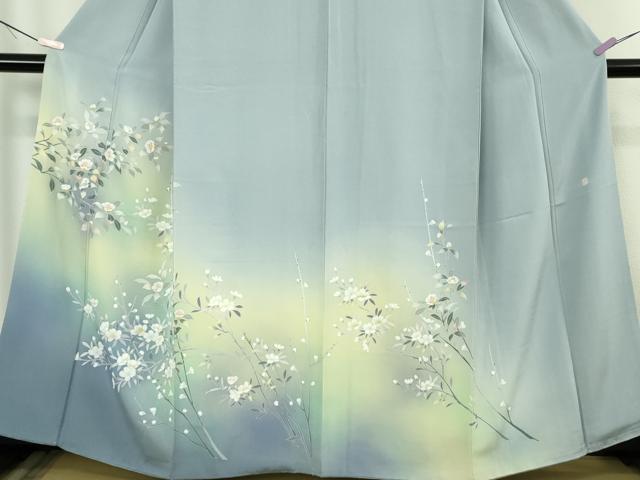 平和屋本店●極上 本加賀友禅作家 牛坂源吾 訪問着 枝花文 パウダーブルー色 暈し染め 逸品 DZAC0393kh6