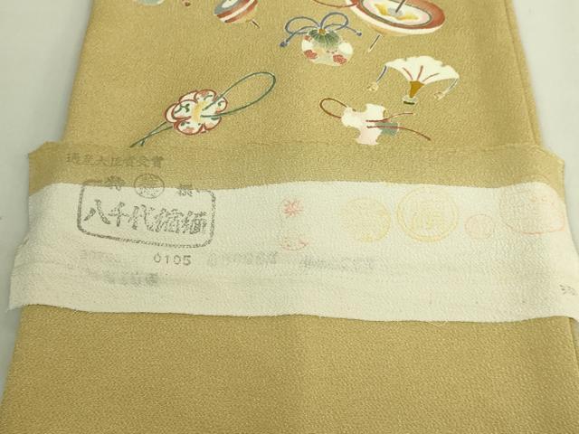 平和屋着物●極上 九寸名古屋帯 友禅 独楽 羽 鬼しぼ縮緬 反端付き 逸品 未使用 DZAC0433kh6