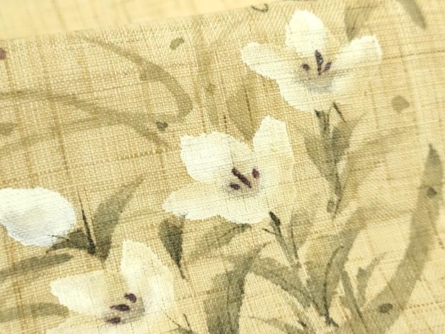 平和屋着物*極上 夏物 九寸名古屋帯 手描き 花丸文 南天蔦の葉 麻 逸品 未使用 DZAC0436kh6