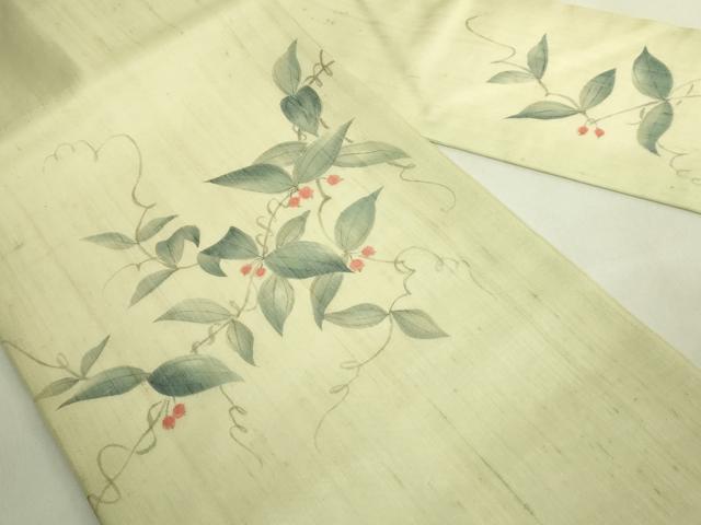 平和屋着物*極上 夏物 九寸名古屋帯 手描き 紬地 南天蔦の葉 逸品 未使用 DZAC0439kh6