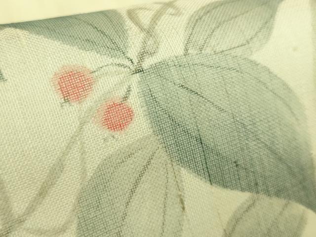平和屋着物*極上 夏物 九寸名古屋帯 手描き 紬地 南天蔦の葉 逸品 未使用 DZAC0439kh6