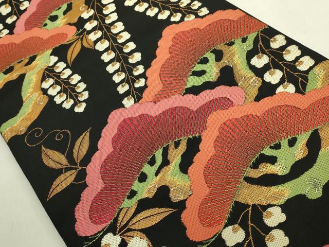 平和屋本店●極上 洛風林 工芸帯地 六通柄 本袋帯 松藤 黒地 金糸 逸品 DZAC0448kh6